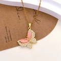Elegant gold butterfly pendant necklace with pink opal stones and white zircon crystals - Pink Cat's Eye Butterfly Style - Gold (XL4022)