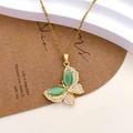 Golden titanium steel butterfly necklace with green gemstone and zircon stones - Green Cat's Eye Butterfly Style - Gold (XL4022)