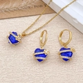 Deep blue heart-shaped crystal jewelry set with golden finish necklace and earrings - Necklace and Earring Set / Gold / Sapphire Blue