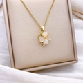 Elegant gold necklace featuring a rotatable cat-eye stone four-leaf clover pendant - Rotating Clover Style Gold White (XL2471)