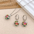 Romantic heart-shaped jewelry set with colorful iridescent crystals and floral accents - Necklace and Earring Set / Silver / Iridescent