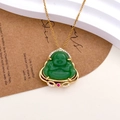 Golden titanium steel necklace with green Maitreya Buddha pendant and zircon inlay - Green Maitreya Buddha Style (XL13)