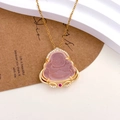 Golden Maitreya Buddha necklace with pink translucent stone and zircon inlay - Pink Maitreya Buddha Style (XL13)