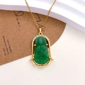 Gold titanium steel necklace with a green Buddha pendant and zircon inlay details - Green Guanyin Style (XL2002)