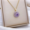 Halskette aus Titanstahl mit drehbarem goldenem Anhänger und lila Pavé-Kristallen - Rotating Multi-layer Purple Circle (XL2524) - Gold
