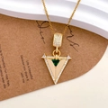 Gold-plated geometric triangle necklace with green center gemstone and white zircon stones - Triangle Geometric Design (XL2645) / Gold