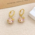 Pink heart crystal pendant earrings with gold spiral accents and micro-pave detailing - Ear Buckle / Gold / Pink
