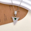 Silver geometric triangle necklace with a central green gemstone and zircon accents - Triangle Geometric Design (XL2645) / Silver
