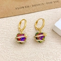 Golden hoop earrings with heart-shaped colorful crystals and zircon spiral accents - Ear Buckle / Gold / Iridescent