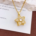 Goldene rotierende Sonnenblume Halskette mit Zirkon-Blütenblättern auf goldener Kreuzkette - Rotierende Fünfblättrige Blume Halskette Gold (XL2960)
