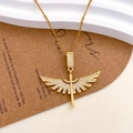 Gold-plated titanium steel necklace featuring a winged sword pendant with white zircons - Sword and Wing Design (XL2887) / Gold