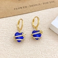 Elegant gold earrings with heart-shaped blue crystals and delicate flower accents - Ear Buckle / Gold / Sapphire Blue