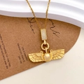 Golden Egyptian wing pendant necklace with pavé crystal accents and sun wing design - Winged Sun Design (XL2953) / Gold