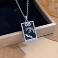 Silver Magician Tarot card necklace with blue crystals and black enamel rectangle pendant - Silver Black - The Magician (XL2299)