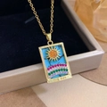 Golden Sun tarot card pendant necklace with blue turquoise and multi-color gemstones - Gold Blue - The Sun (XL2300)