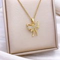 Golden dragonfly pendant necklace with sparkling crystal inlay on thin O-link chain - Rotatable Dragonfly Style (XL1805) / Gold