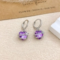 Silver-plated hoop earrings with purple heart crystal and micro-paved flower detail - Ear Buckle / Silver / Purple Blue