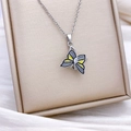 Butterfly pendant necklace with spinning wings in gray and yellow enamel and zircon - Rotatable Butterfly Style (XL2304) / Silver