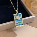 Golden Sun Tarot card pendant necklace with turquoise inlay and colorful gems - Gold Blue - Rainbow Sun (XL2702)