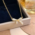 Exquisite golden bowknot necklace with sparkling zircon pavé on titanium steel chain - Double Loop Bow Style (XL5440) / Gold