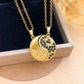 Matching sun and moon magnetic pendant necklaces in gold with black crystal inlay - Sun Moon Radiance Magnetic Gold