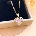 Collar de corazón dorado con circonita rosa y borde de perlas muy elegante - Collar Corazón Perla Rosa Oro (XL3418) / Dorado