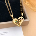 Gold-plated magnetic heart necklace for couples with green and red crystal accents - Heart to Heart Style (XL2509) / Gold