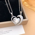 Silver magnetic heart puzzle pendant necklace with zircons for couples and lovers - Nested Heart Style (XL3400) / Silver