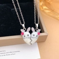 Magnetic couple heart rabbit necklaces in silver finish with white drip oil charms - Heart Rabbit Style (XL4186) / Silver
