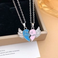 Magnetic heart wing necklaces with Best Friends engraving in blue and pink enamel finish - Wings Together Style (XL4206) / Silver