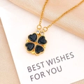 Golden necklace featuring a black heart-shaped four-leaf clover pendant with zircon accents - XL405 Black Four Petal Flower Gold