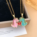 Magnetic dinosaur heart necklaces in gold with pink and green enamel and crystal accents - Dinosaur Heart Style (XL4358) / Gold