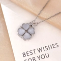 Elegant silver four-leaf clover necklace with grey cat eye heart stones and zircon detail - XL405 Four Petal Flower Silver