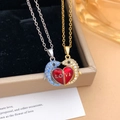 Magnetic dolphin heart couple necklace in gold and silver finish with red enamel - Dolphin Heart Style (XL4433) / Two Colors