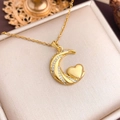 Gold moon and heart pendant necklace with sparkling cubic zirconia on a cable chain - Moon and Heart (XL1713) / Gold
