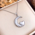 Silver crescent moon necklace with heart pendant and pavé cubic zirconia inlay - Moon and Heart (XL1713) / Silver