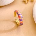 Adjustable gold open ring featuring geometric purple and orange enamel color blocks - Pink And Purple Checkered (JZ748)