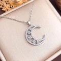 Silver crescent moon necklace with sparkling snowflake zircon pendant on satin box - Hollow Moon Snowflake (XL1912) / Silver