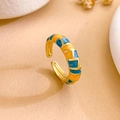 Adjustable gold ring with orange and blue enamel geometric patterns on a minimalist band - Blue And Yellow Checkered (JZ748)