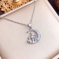 Silver crescent moon necklace with zircon castle and pink gem in a premium gift box - Moon Castle (XL1932) / Silver