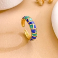 Adjustable gold plated open ring with blue and green enamel geometric pattern - Blue And Green Checkered (JZ748)