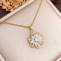 Golden snowflake necklace featuring zircon petals and a pearl center on a refined chain - Six-Petal Snowflake (XL1262) / Gold