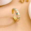 Adjustable gold plated enamel ring with mint green, pink, and white geometric pattern - White And Green Checkered (JZ748)