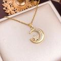 Elegant gold titanium moon and star necklace with white cubic zirconia crystals - Moon Pentagram (XL2127) / Gold