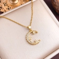 Gold moon and star necklace with white zircons on minimalist titanium steel chain - Moon and Star (XL2227) / Gold