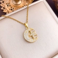Elegant gold moon and star pendant necklace with cubic zirconia pavé in a gift box - Moon Pentagram (XL3493) / Gold