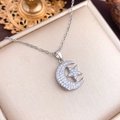 Elegant silver star and moon pendant necklace with white crystals on a gold chain - Moon Pentagram (XL3493) / Silver