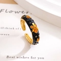 Adjustable black enamel ring with vintage orange floral pattern and gold plating - Sunflower Style / Sunflower Black (JZ784)