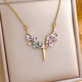 Golden fairy wing necklace with multicolor zircon stones displayed in a jewelry box - Multicolor Angel (XL309) / Gold
