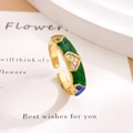 Adjustable golden open ring with deep green and blue enamel inlay and heart zircon - Heart Style / Heart Green (JZ813)